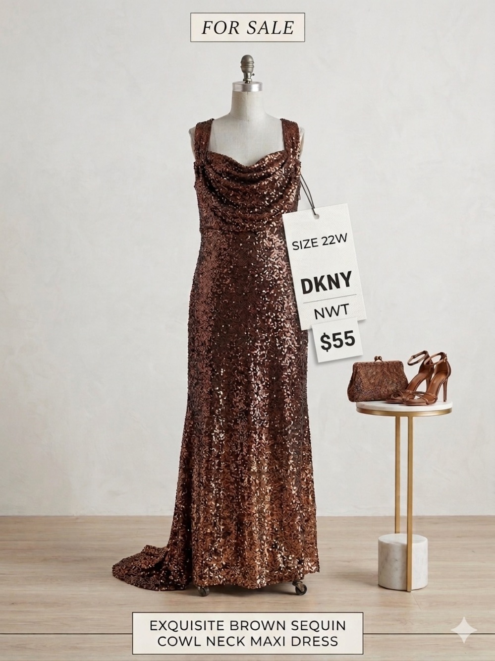 DKNY Brown Sequin Cowl Neck Maxi Gown